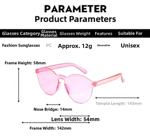 Detailed parameter chart for rimless pink sunglasses showing lens size and PC material