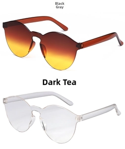 Detailed view of rimless one-piece jelly sunglasses in black-grey and dark tea colors