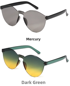 Detail view of rimless one-piece sunglasses in silver and green gradient lenses