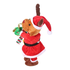 Animated Christmas reindeer plush toy playing golden saxophone in festive red outfit