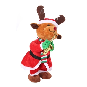 Detailed view of plush Christmas reindeer toy in Santa outfit playing a golden saxophone
