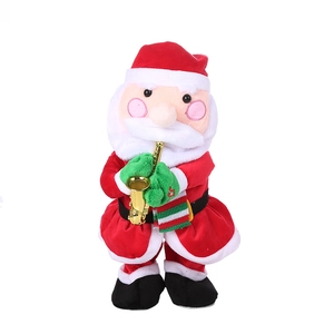 Detailed view of plush Santa Claus toy playing a golden saxophone on a white backdrop