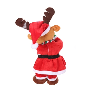 Rear view of a plush reindeer toy in a Christmas outfit with a hat and striped scarf