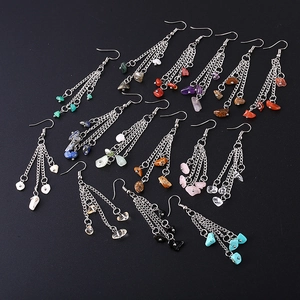 Handmade multi-layered chain tassel earrings with natural crystal stones in various colors