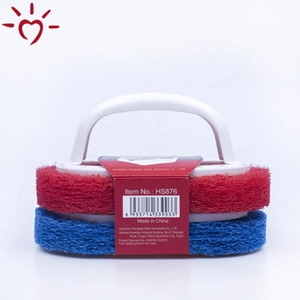 Detail of sponge dish brush head with blue and red dual layers and white handle