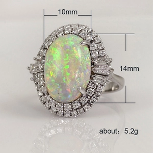 Anillo vintage de cobre bañado en plata con gran opalo ovalado de 14mm y circonitas