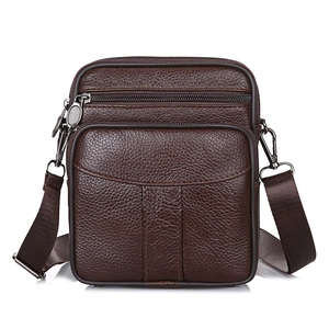 Men's dark brown lychee grain leather crossbody bag with multiple zipper compartments