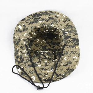 Top view of digital camouflage boonie hat with adjustable chin strap and metal snap buttons