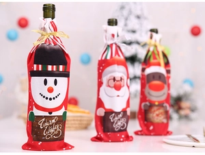 Detailed view of Christmas wine bottle covers with Santa, Snowman and Reindeer patterns