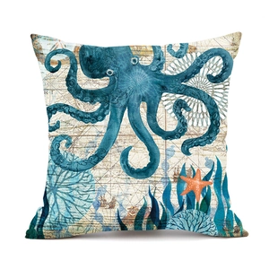 Vintage style square octopus pillow cover with nautical ocean map and seastars on linen fabric
