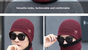 Detail of burgundy ribbed knit beanie and neck warmer set with leaf embroidery