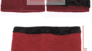 Detail of red knitted neck gaiter with thick black velvet lining and 20cm height mark