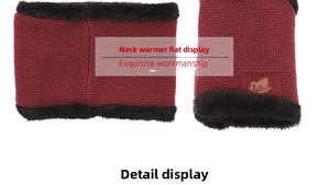 Detail of burgundy knit neck warmer with thick black fleece lining and maple leaf patch