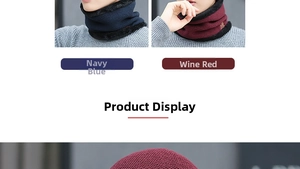 Detail of navy blue and wine red knitted neck warmers with thick faux fur lining