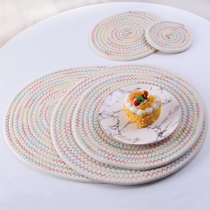 Detail of woven cotton heat-resistant coasters and placemats with colorful zigzag stitching