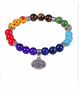 Detail shot of chakra bead bracelet featuring multi-colored stones and Tree of Life charm