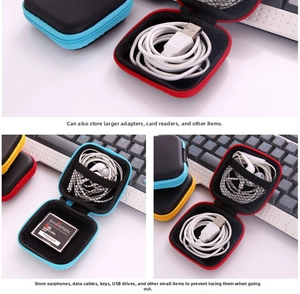 Detail view of mini EVA hard shell case organizing cables, earphones, and SD cards