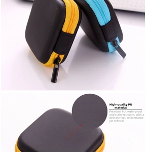 Detail view of the waterproof PU leather texture and durable zippers on the mini earphone case