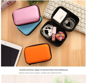 Close-up of hard shell zipper organizers with interior mesh pockets for tech accessories
