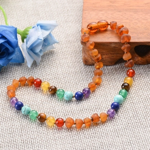 Multicolor natural amber and semi-precious stone necklace with colorful beads