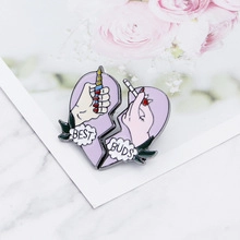 Close-up of Best Buds enamel pin with a purple heart, lighter and cigarette design