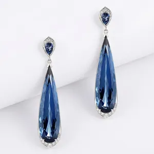 Elegant long drop earrings with deep blue water-drop crystals and zircon accents