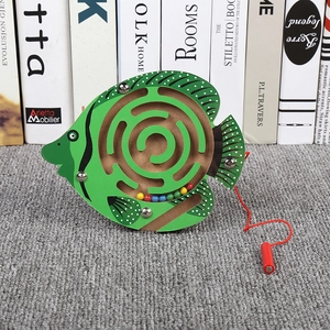 Wooden magnetic fish maze toy for children with colorful beads and a red stylus pen