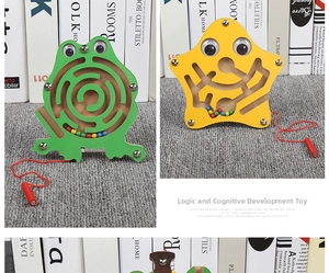 Detail of wooden frog and star magnetic bead maze toys for kids early learning