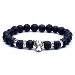 Natural black lava stone bracelet with silver leopard head and sparkling crystal spacers