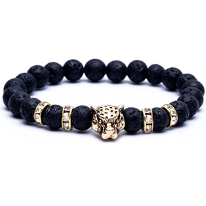 Men's matte black lava stone bracelet featuring a gold leopard head and crystal spacers