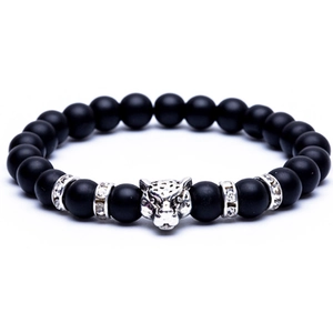 Matte black volcanic rock bead bracelet with silver leopard head and rhinestone accents