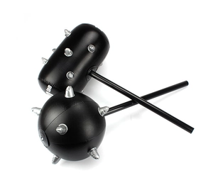 Detailed view of black inflatable mace and cylinder hammer set with silver spiked studs