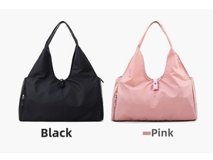 Foldable large capacity yoga travel tote bags in black and pink with side zipper pockets