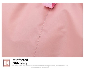 Detail of pink waterproof fabric showing reinforced stitching and fine needlework