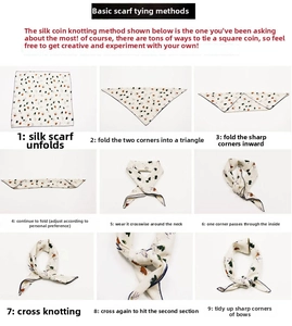 Step-by-step tutorial showing nine ways to tie a floral print satin neck scarf for women