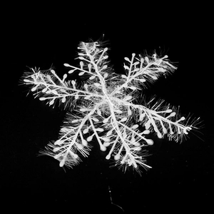 Macro detail of white artificial snowflake decoration with fibers on black background