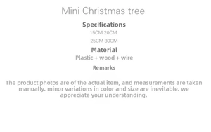 Detailed view of mini snow-flocked Christmas tree with wooden base and plastic needles