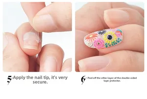 Detail showing the final steps of applying jelly nail glue and sunflower design tips
