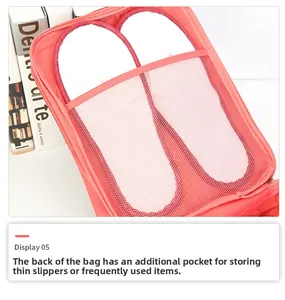 Pink travel shoe bag detail showing back mesh pocket with white slippers storage