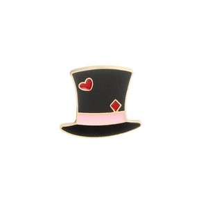 Cartoon style gentleman top hat enamel brooch with red heart and pink ribbon detail