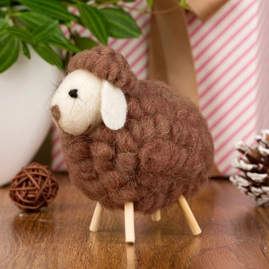 Brown wool felt sheep figurine with wooden legs for Nordic style desktop decoration