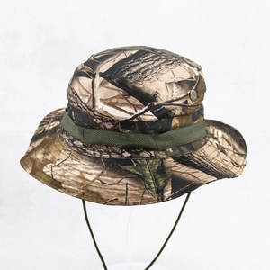 Outdoor kids boonie hat with forest camo pattern and adjustable drawstring