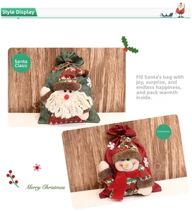 Detailed view of burlap Christmas drawstring bags featuring 3D Santa and Snowman dolls