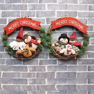 Christmas Wreath Rattan Vine Door Hanging With Santa Snowman Reindeer Plush Figures Merry Christmas Banner Rustic Holiday Decor