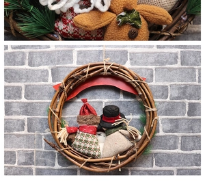 Detail view of rustic twig Christmas wreath with red plaid snowmen on grey brick wall