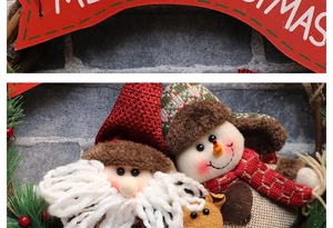 Detail of Christmas wreath with plush Santa, snowman, reindeer and Merry Christmas banner