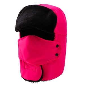 Winter thermal trapper hat with detachable mask in bright rose pink windproof fabric