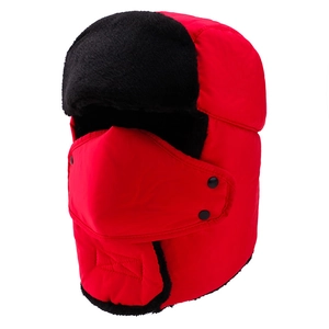 Winter red trapper hat with detachable face mask and thick black faux fur lining