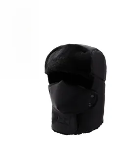 Detail of winter trapper hat with detachable mask and thick faux fur lining for wind protection