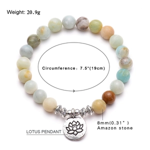 Natural 8mm Amazon stone bead bracelet with silver lotus pendant and dimension markings